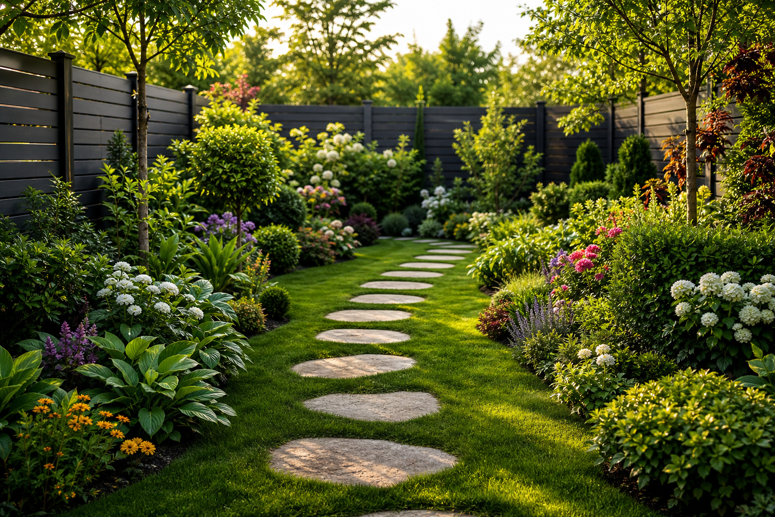 A tidy garden path through flower beds and fresh lawn
