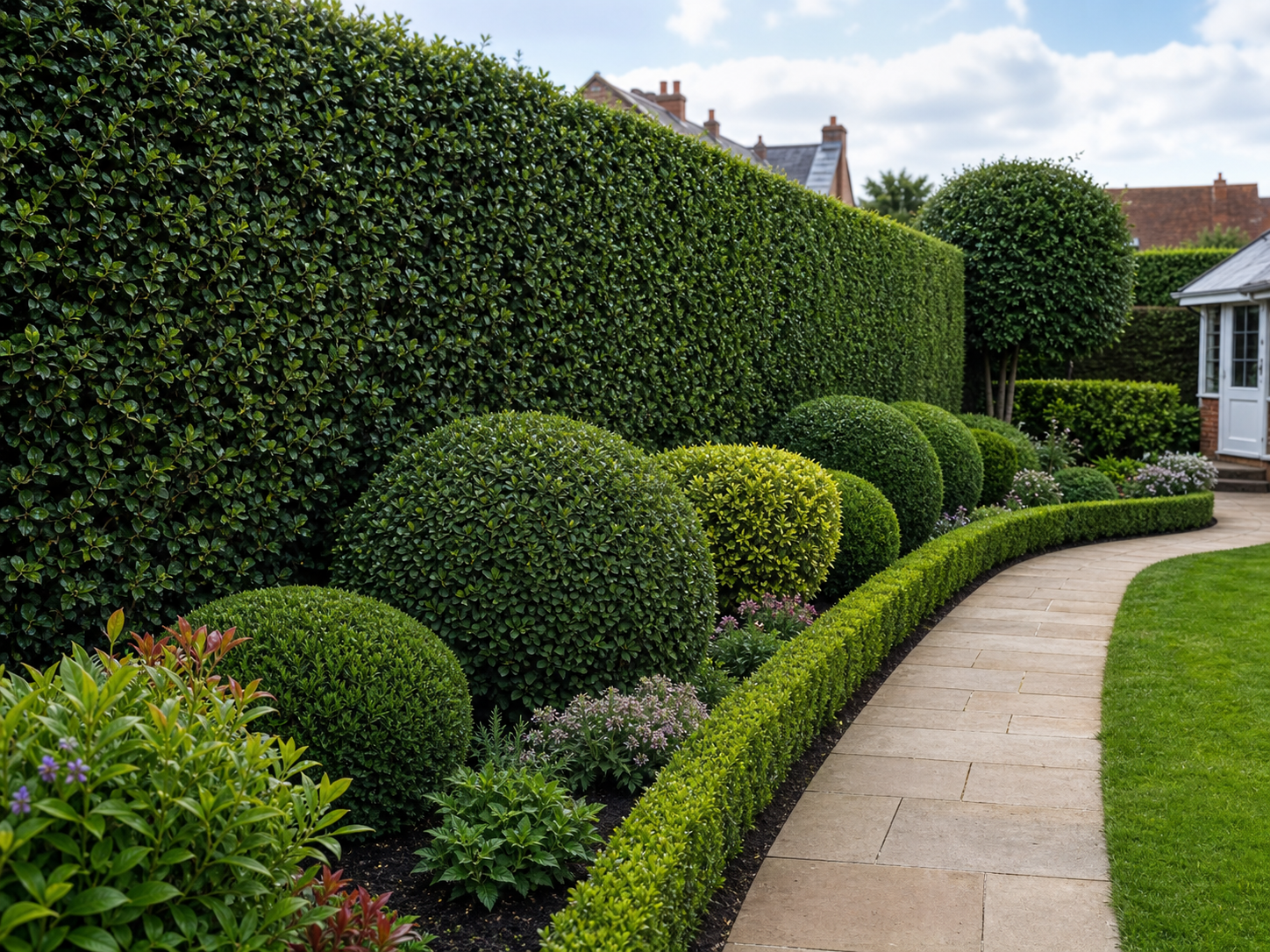 Neatly clipped hedges beside a garden path