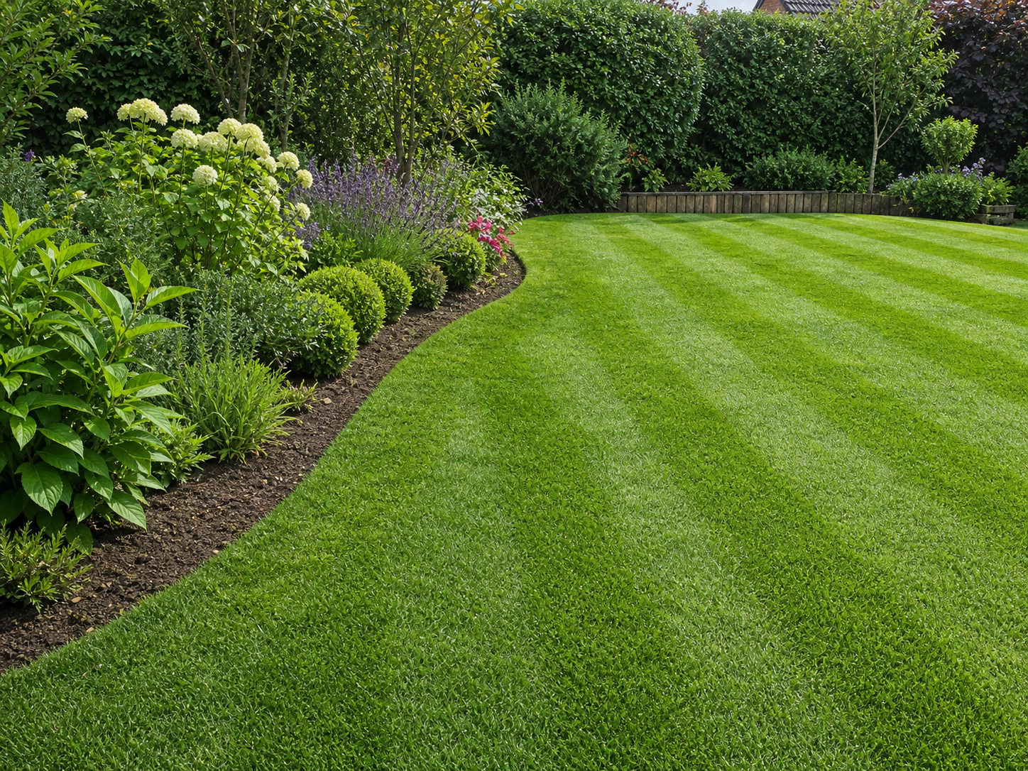 Freshly mowed lawn with neat flower border